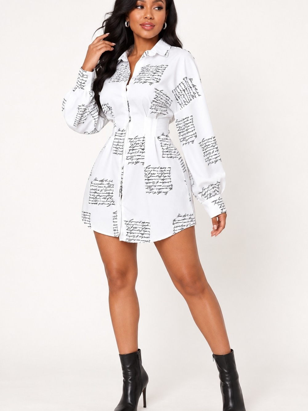 Fashion Nova White Script-Print Shirt Mini Dress with Black Script FITS MED